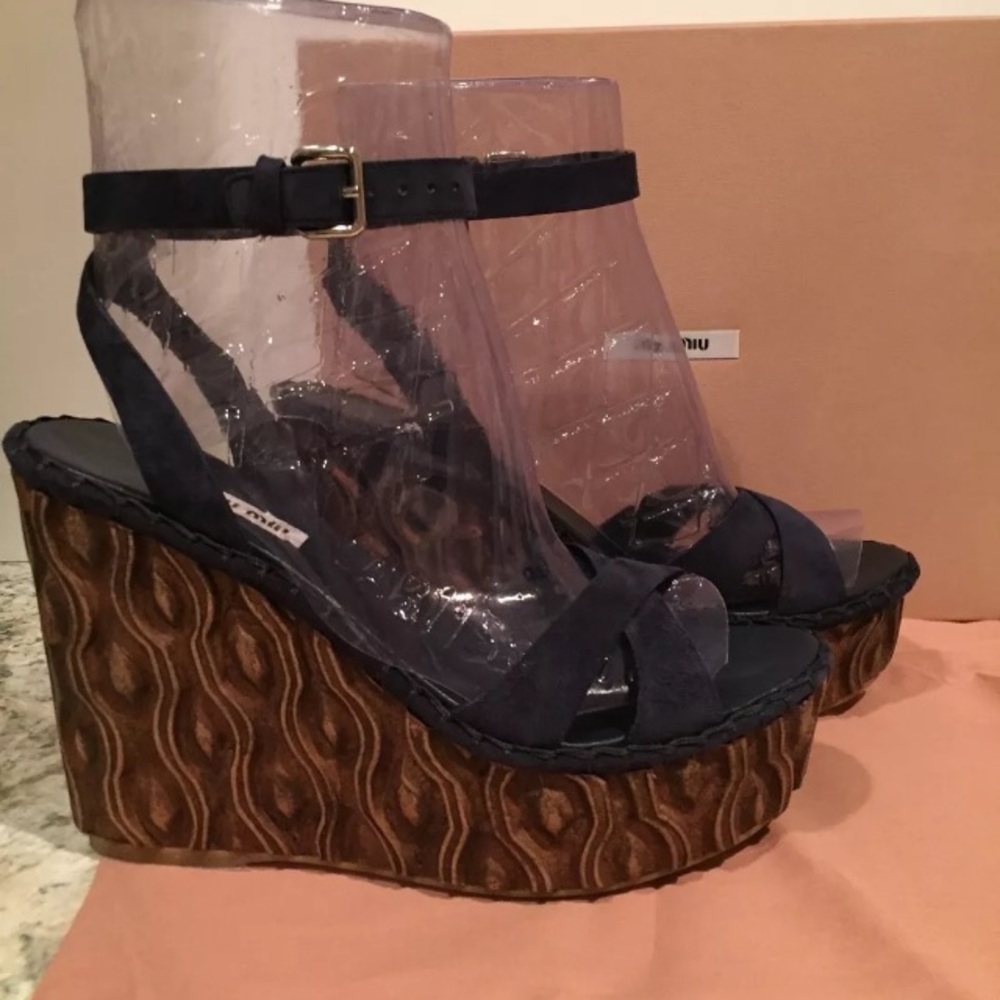Miu Miu ankle strap wedge sandals navy blue 38.5